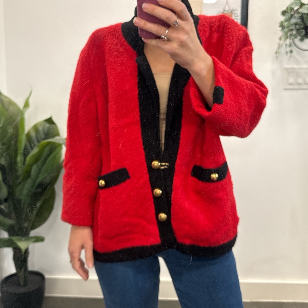 Adolfo Red and Black Women's Blazer with Gold Buttons